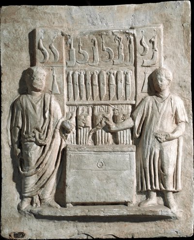 Roman art: low relief of the burial stele by Lucio Cornelio Atimeto, cutlery. 1st century AD. From Villa Massimo, Rome. Rome, Museo della Civilta Romana بواسطة رواية