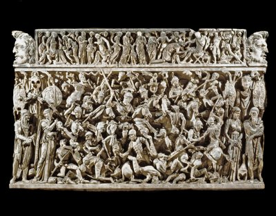 Roman art: scene of battles between Roman warriors and barbarians during the Marcoman (or Marcomannic) wars. Relief of the sarcophagus called Portonaccio of a general of Marc Aurele. 180-190. Rome, Museo Nazionale Romano (o delle Terme) بواسطة رواية