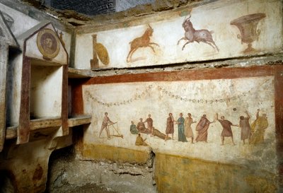 Roman art: “” young people playing””” frescoes decorating a tomb of the Via portuense. 2nd century. Sun. h. 90 cm Rome, Museo Nazionale Romano (o delle Terme) Italy بواسطة رواية