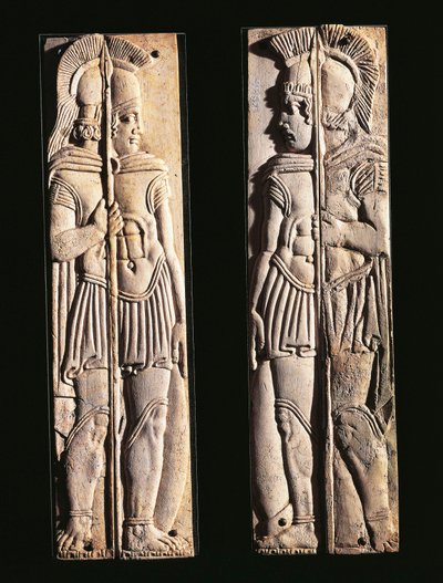 Roman civilization, pair of bone carvings of warriors, from Praeneste, Lazio Region, Italy بواسطة رواية