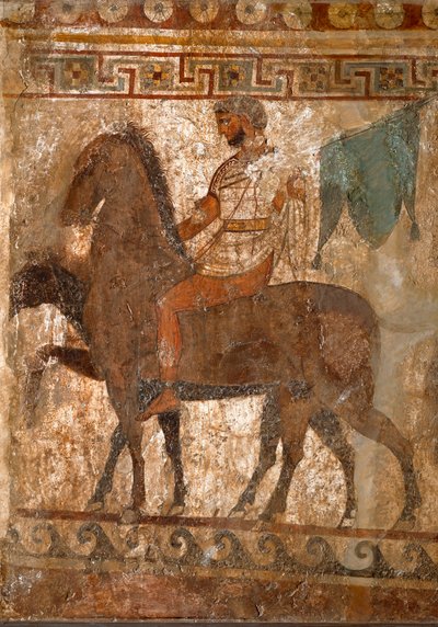 متسابق سامنيت. لوحة قبر من القرن الرابع قبل الميلاد من موقع بايستوم بإيطاليا. فريسكو. Museo nazionale archeologico ، نابولي (متحف نابولي الأثري). بواسطة رواية