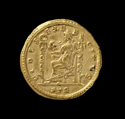 Solidus (عكس) لقسطنطين الأول الكبير (306 م - 337 م) يصور فيدس جالسًا على العرش. نقش: FIDES EXERCITVS (الذهب) (للأمام انظر 119150) بواسطة رواية