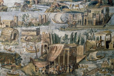 Temples along Nile river, detail from Nilotic mosaic of flooding of river Nile in Egypt, from Sanctuary of Fortuna Primigenia at Palestrina, Lazio, Italy, Roman civilization بواسطة رواية