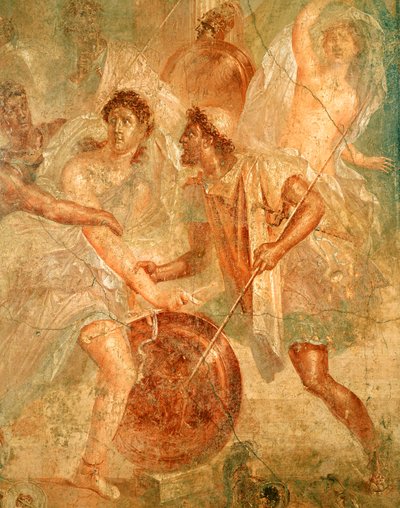 Ulysses and Diomedes recognizing Achilles disguised as the female Pyrrha among the Daughters of Lycomedes at Skyros, from Pompeii (fresco) بواسطة رواية