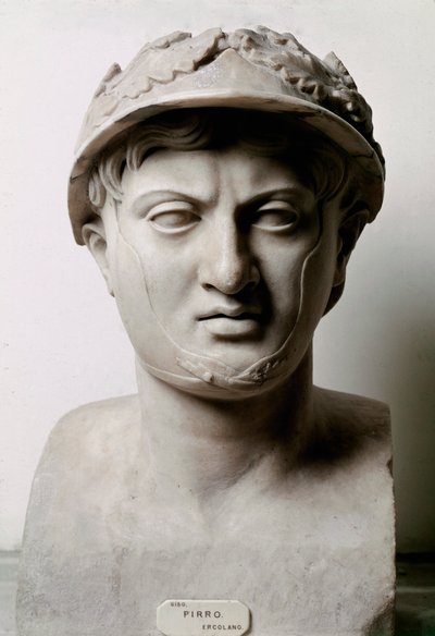 Bust of Pyrrhus I (or Pyrrhos) King of Epire from 306 to 272 BC. From Ercolano (Herculanum). From an original 290 BC. Naples, Museo Archeologico Nazionale - Bust of Pyrrhus of Epirus (319-272 BC). Roman copy after original c.290 BC. Marble, from Ercolano ( بواسطة رومان رومان
