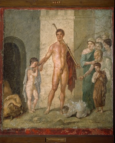 Representation of Thesee, the heros of Greek mythology, liberating the seven young men from the maze after triumph of the minotaur. Fresco from the Villa de Gavius Rufus in Pompei. Dim. 88x97 cm Archaeological Museum of Naples - Roman art: representation o بواسطة رومان رومان