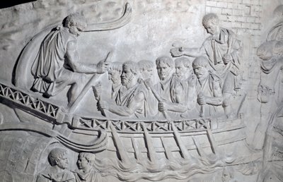 Roman Art: “” Roman soldiers on a galley on the Danube during the First War in Dacia”” Mould of 1862 reproducing the bas-reliefs of the column of Trajan (column Trajane) (Colonna Traiana) in Rome built during the reign of Emperor Trajan (53-117). The Traja بواسطة رومان رومان