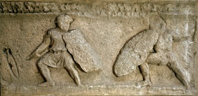 Roman art: scene of battle between Romans and Gauls. Reproduction of a frieze of the Orange Arch. Rome, Museo della Civilta Romana بواسطة رومان رومان