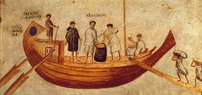 تفريغ الحبوب من سفينة إيزيس جيمينيانا، من أوستيا، القرنين الثاني والثالث (لوحة جدارية) بواسطة رومان رومان