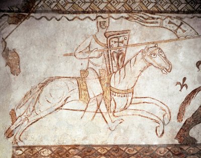الحملة الصليبية: فارس من رتبة فرسان الهيكل. الفن الرومانسكي. لوحة جصية لكنيسة كريساك (Cressac-Saint-Genis en Charente) بواسطة رومانيسك