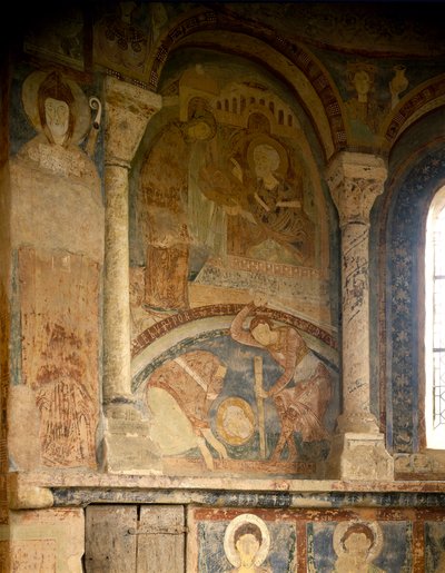 Romanesque Art: Painting depicting the martyr of Saint Laurent (1103-1130). Fresco. Chapel of the Chateau des Moines, Berze la Ville (Berze-la-Ville in Saone and Loire, Burgundy), France. بواسطة رومانيسك