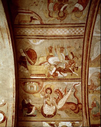 الفن الرومانسكي: الجزء الداخلي من دير Saint-Savin-sur-Gartempe (Saint Savin sur Gartempe) في فيينا (فرنسا) ، أسسه شارلمان (1060-1115) لوحة جدارية على السقف حوالي 1100. فريسكو. بواسطة رومانيسك