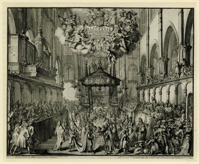 جوقة كنيسة وستمنستر مع مراسم جنازة الملكة ، 1695 In't Choor van Westmunster Abdye (العنوان على الكائن) موت ودفن ماري الثانية ستيوارت ، ملكة إنجلترا ، 1695 (عنوان السلسلة) بواسطة Romeyn de Hooghe
