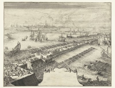 جسر سفينة بارما فوق نهر شيلدت ، 1585 Guerres de Flandres (عنوان المسلسل) بواسطة Romeyn de Hooghe