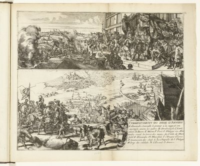 عرضان حول حصار دوق بارما لأنتويرب ، 1584-1585 بدء حصار أنفر (العنوان على الكائن) Guerres de Flandres (عنوان المسلسل) بواسطة Romeyn de Hooghe