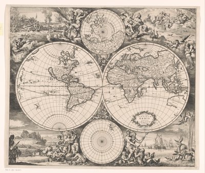 خريطة العالم مع رمز على العناصر الأربعة Nova totius terrarum orbis tabula (العنوان على الكائن) بواسطة فريدريك دي فيت