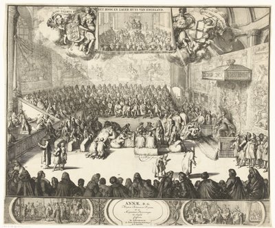 التقى Zitting van het Lagerhuis مع koningin Anna op de troon، 1702 آن ، د. اعترفت ملكة بريطانيا العظمى ، وكذلك الأمراء العظام في إنجلترا (العنوان على الشيء) بواسطة بيتر روتردام
