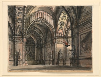 تصميم المسرح ، شقة كوينز من باليه "Il Conte d'Essex" للمخرج Gaetano Gioja ، تم عرضه لأول مرة في La Scala في عام 1818 بواسطة رومولو أخيل ليفراني