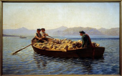تغيير الرعي. ركب الرعاة قطيع الأغنام ليأخذوها إلى الشاطئ الآخر. لوحة روزا بونور (1822-1899) بواسطة بينك بونور
