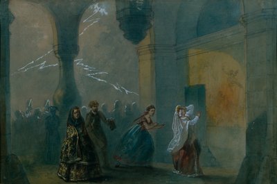 تصميم مسرحي لمسرحية The Storm للمخرج A. Ostrovsky ، منتصف القرن التاسع عشر. بواسطة سيد الروسي