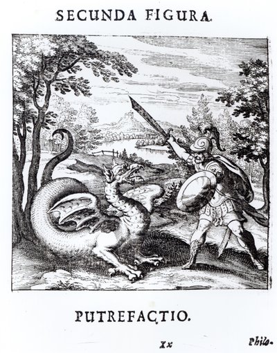 فارس يهزم `` العفن &39;&39; الذي يجسده تنين ، من `` Musaeum Hermeticum Reformatum &39;&39; باسل فالنتين ، 1678 بواسطة المدرسة الروسية