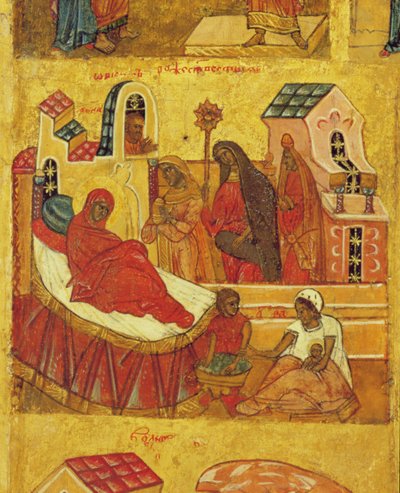 أيقونة تصور ولادة العذراء ، ج .1550 (درجة الحرارة وورقة الذهب على اللوحة) (تفاصيل 314500) بواسطة المدرسة الروسية