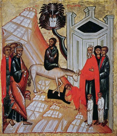 أيقونة تصور دخول المسيح إلى القدس ، مدرسة نوفغورود بواسطة المدرسة الروسية