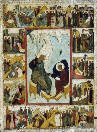 القديس يوحنا الإنجيلي في بطمس مع مشاهد من حياته ، أوائل القرن السادس عشر. بواسطة أيقونة روسية.
