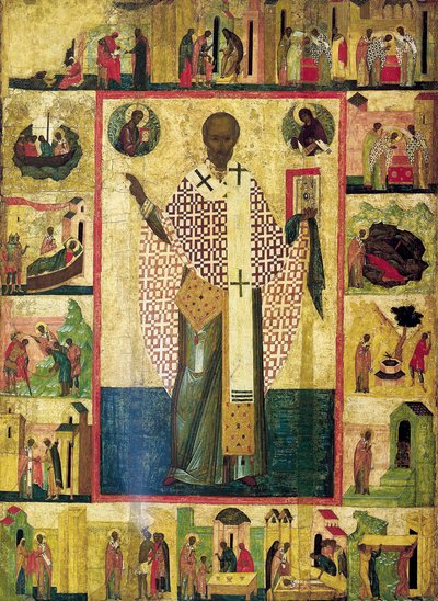 القديس نيكولاس الزارايسك مع مشاهد من حياته ، أوائل القرن السادس عشر. بواسطة أيقونة روسية.