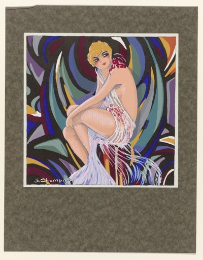 Femmes Modernes ، 1926: امرأة جالسة ، ترتدي ستائر. بواسطة S Chompré