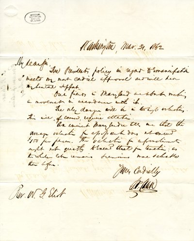 وقعت الرسالة SP Chase ، واشنطن ، إلى WG Eliot ، 31 مارس 1862 بواسطة سمك السلمون P. تشيس