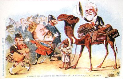 رسم كاريكاتوري لوصول رئيس الجمهورية الفرنسية ، إميل لوبيه (1838-1929) إلى لندن عام 1903 (لون ليثو) بواسطة سالومون أسوس