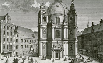 منظر ل Peterskirche ، فيينا منقوش بواسطة يوهان برنارد هاتينغر بواسطة سالومون الصغير