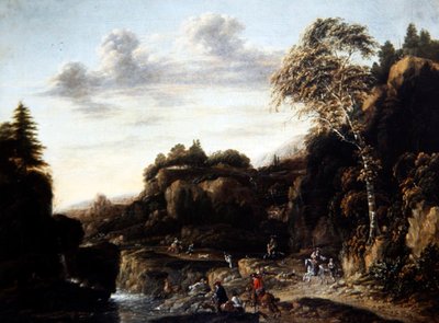 منظر طبيعي مشجر مع مطاردة الأيل بجانب النهر ، حوالي عام 1690 (زيت على قماش) بواسطة سالومون رومبوتس