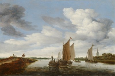 منظر طبيعي للنهر مع قوارب شراعية وبارجة تجرها الخيول بواسطة Salomon van Ruisdael أو Ruysdael