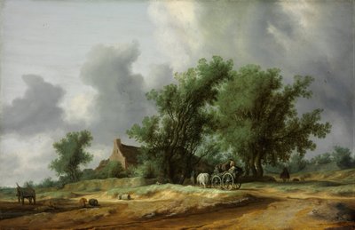 الطريق في الكثبان الرملية مع عربة - Peinture de Salomon Jacobsz van Ruisdael (1600 / 3-1670) - 1631 - زيت على خشب - 56x86،4 - Szepmuveszeti Muzeum ، بودابست بواسطة Salomon van Ruisdael أو Ruysdael