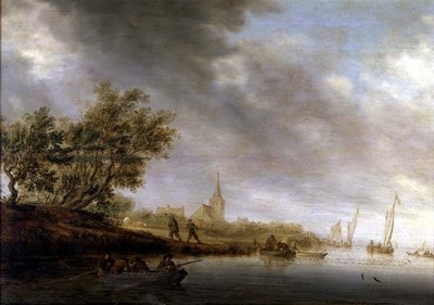 المناظر الطبيعية للنهر المشجرة مع الصنادل بواسطة Salomon van Ruisdael أو Ruysdael
