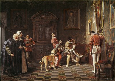 “" Return of the tournament "” A young knight hurts is brought back to the palace, supported by two pages. Painting by Salvador Martinez Cubells (1845-1914) 1881 Valencia. Museum of Bellas Artes San Pio بواسطة سلفادور مارتينيز كوبيلز