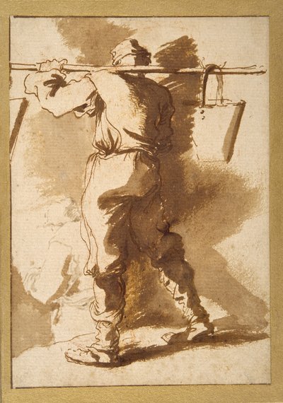 Back view of a water carrier, another figure beyond him (pen & ink with wash over chalk on paper) بواسطة سلفاتور روزا