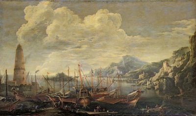 ميناء مع المنارة والسفن بواسطة سلفاتور روزا