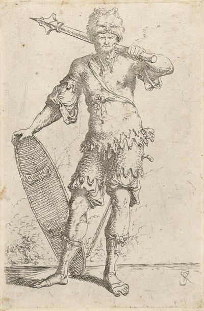 المحارب الغريب الواقف يرتدي قبعة رأس الأسد ، يحمل صولجانًا ودرعًا ، c.1656-57 (النقش على ورق مسدود) بواسطة سلفاتور روزا
