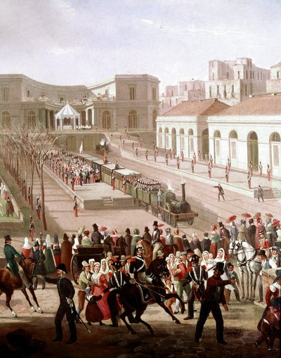 افتتاح خط السكة الحديد بين نابولي وبورتيشي في عام 1839 بحضور الملك فرديناند الثاني (افتتاح خط السكة الحديد بين نابولي وبورتيشي في عام 1839) التفاصيل - رسم سالفاتور فيرغولا (1799-1877) متحف ناسيونالي دي سان مارتينو ناب بواسطة سالفاتور فيرغولا