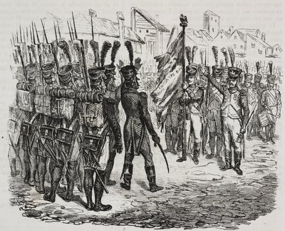 علم الفوج 84، طباعة حجرية لسلفاتوري بوليا من تاريخ نابليون بقلم سيزار مالبيكا (1804-1848)، من بوليوراما بيتوريسكو، العدد 16، 25 نوفمبر بواسطة سلفاتور بوليا