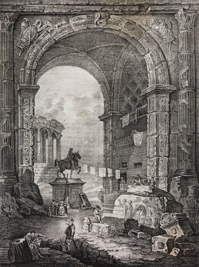 الآثار الرومانية ، اللوحة التي رسمها هوبرت روبرت (1733-1808) ، الطباعة الحجرية لسلفاتور بوليا من بوليوراما بيتوريسكو ، رقم 28 ، 17 فبراير بواسطة سلفاتور بوليا