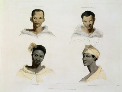 A Hottentot ، Hottentot Woman ، a Kaffre ، Kaffre Woman: أربع رؤوس وكتفين ، لوحة 14 من "Scenery and Animals" الأفريقية ، محفورة من قبل الفنان ، 1804 (aquatint) بواسطة صموئيل دانييل