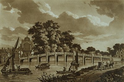 جسر هامبتون كورت ، صورة توضيحية من مناظر خلابة لنهر التايمز ، حانة. 1799 (النقش ، aquatint) بواسطة صموئيل أيرلندا