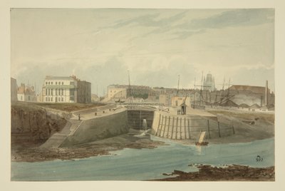 مدخل حوض باثورست من نيو كت ، حوالي عام 1825 (قلم وحبر مع ألوان مائية على ورق) بواسطة صموئيل جاكسون