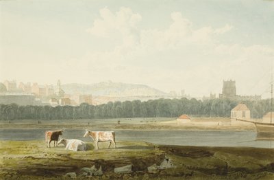 منظر عبر المرفأ العائم ، مع سانت جورج وبراندون هيل والكاتدرائية ، حوالي عام 1825 (قلم رصاص وألوان مائية على ورق) بواسطة صموئيل جاكسون