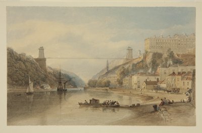 عرض على Avon at Hotwells: الجسر المعلق المقترح ، حوالي عام 1836 (قلم رصاص وألوان مائية على ورق) بواسطة صموئيل جاكسون