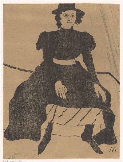 امرأة جالسة بقبعة وثوب أسود ، ويداها على ركبتيها بواسطة Samuel Jessurun de Mesquita (signed by artist)